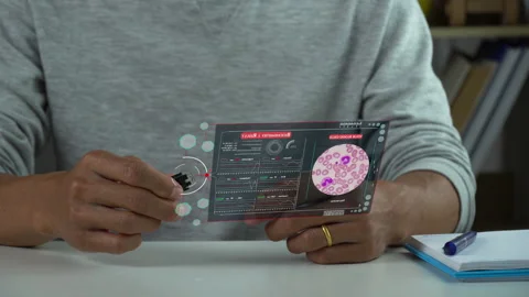 A men self blood testing for analysis , show result with data hologram. Stock Footage 222860902