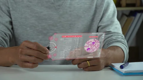 A men self blood testing for analysis , show result with data hologram. Stock Footage 222860908
