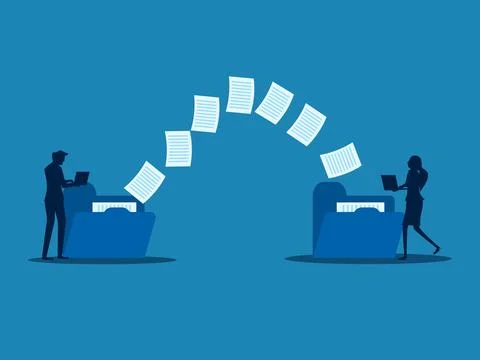 Men send documents over the Internet, back up data, exchange files in folders Stock Illustration