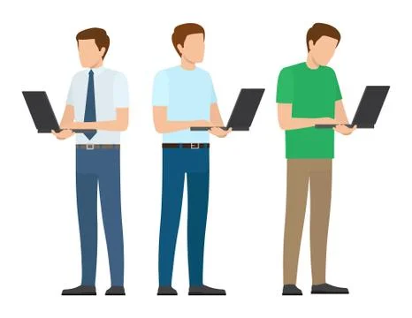 Men Set Standing Full Length Working on Laptop Illustrazione stock