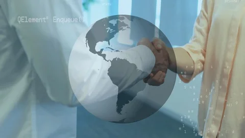 Men shaking hands and a globe with program codes Vidéo 112036866