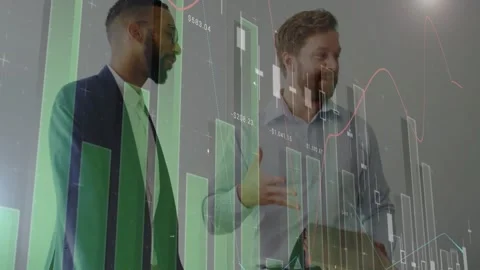 Men shaking hands causing bars rising man reaching files woman meeting camera Stock Footage 331165728
