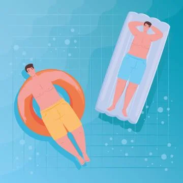 Men in shorts, in lying down on inflatables floats in the pool 스톡 일러스트