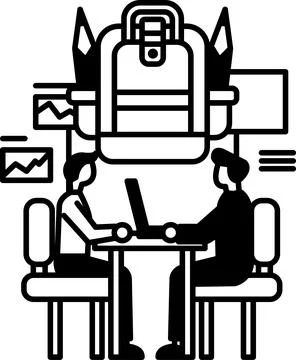 Men sitting at a table with a backpack on the table 스톡 일러스트
