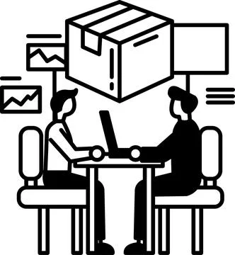 Men sitting at a table with a box in the background Stock Illustration