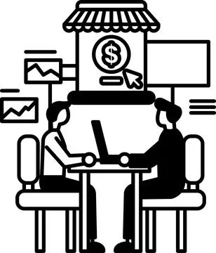 Men sitting at a table with a laptop in front of them Stock Illustration