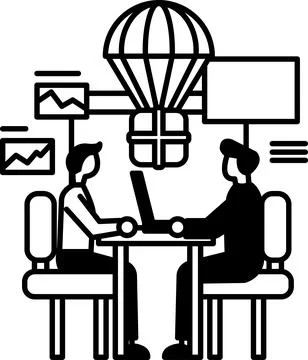Men sitting at a table with a laptop in front of them Stock Illustration