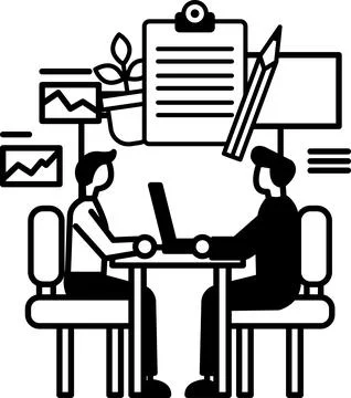 Men sitting at a table with a laptop in front of them Stock Illustration