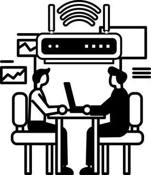 Men sitting at a table with a laptop in front of them イラスト素材