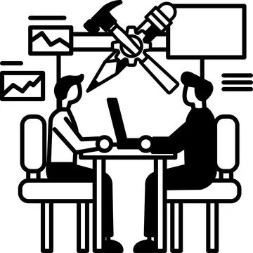 Men sitting at a table with a laptop in front of them Stock Illustration