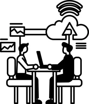 Men sitting at a table with a laptop in front of them イラスト素材