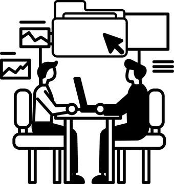 Men sitting at a table with a laptop in front of them 스톡 일러스트