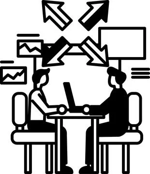 Men sitting at a table with a laptop in front of them イラスト素材