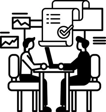 Men sitting at a table with a laptop in front of them イラスト素材