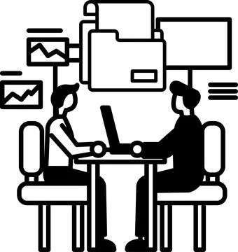 Men sitting at a table with a laptop in front of them Illustrazione stock