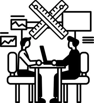 Men sitting at a table with a ruler and a laptop 스톡 일러스트