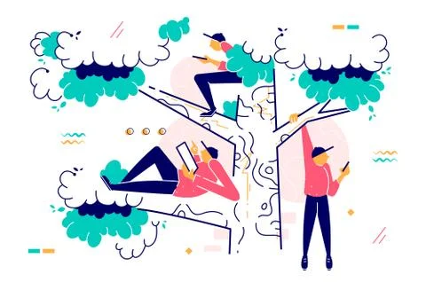 Men sitting on tree using modern device. Stock Illustration