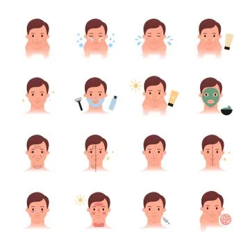 Men skin problems and care, beauty treatment vector icons set, flat color Stock Illustration
