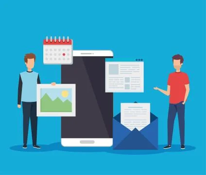 Men with smartphone technology and document information Stock Illustration