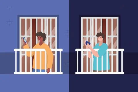 Men with smartphone at window of blue building vector design Ilustración de archivo