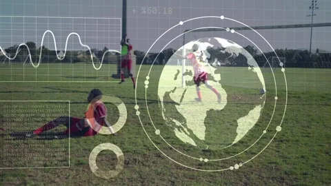 Men soccer team playing after green bib player dribbling slide tackle HUD globe Stock Footage 333632236