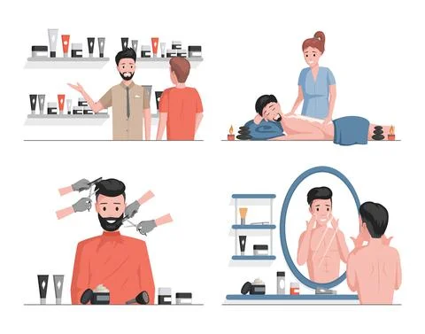 Men spa vector flat illustrations. Male characters shaving, cleansing, or Stock Illustration