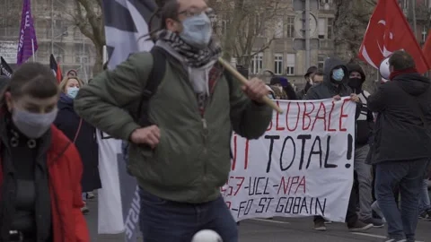 Men speaking on megaphone while doing protest against proposed security Stock Footage 154693454