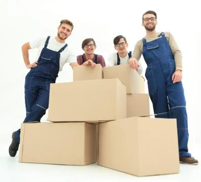 Men with stacked boxes isolated on white. Stock Photos