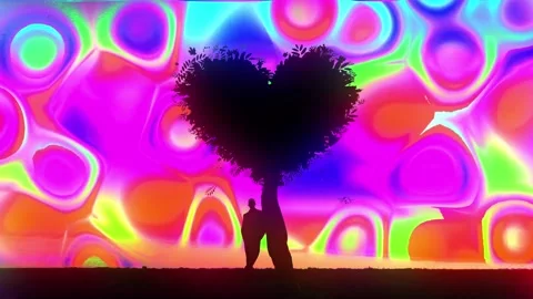 Men stand with heart shape tree with flowing colorful background Stock Footage 201270717