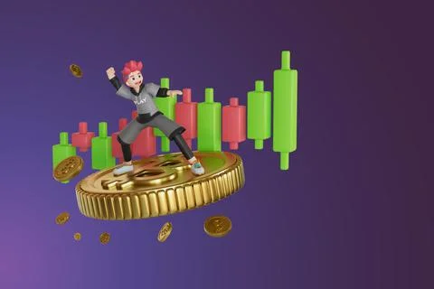 Men standing on crypto coin, the graph is rising. and with coins scattered be Stock Illustration