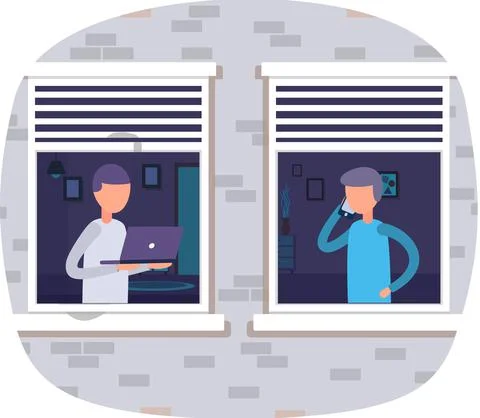 Men standing near opened window use laptop and talking on phone. Guy Stock Illustration