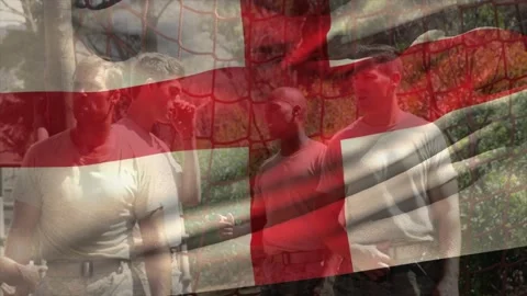 Men standing at rope obstacle training, man smoking and eliciting gestures, flag Stock Footage 329899287