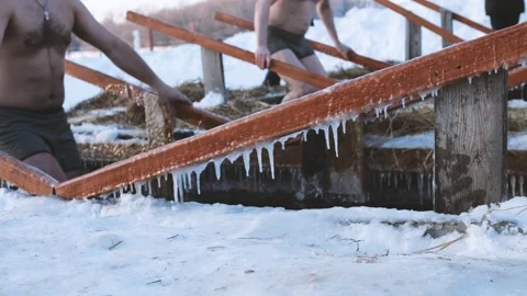 Men Step Into Icy Water On Epiphany Stock Footage 301447197