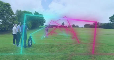 Men stepping up tee, swinging driver for golf practice via launch monitor, neon Stock Footage 318009946