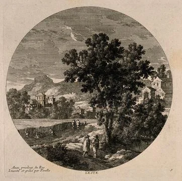 Men stroll amid fields being harvested; representing summer. Etching by N. .. Stock Illustration