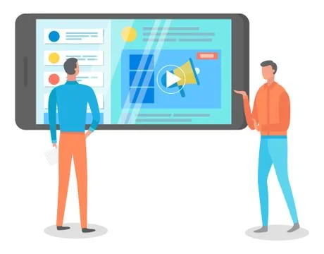 Men study analytical data on smartphone screen. Video promotion, advertising イラスト素材