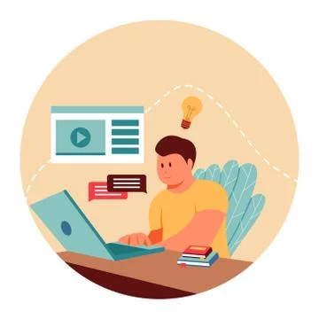 Men study e-learning videos on the internet from a laptop flat illustration conc Stock Illustration