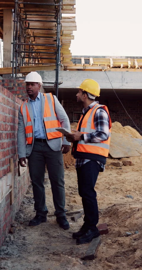 Men, tablet and building inspection in construction for masonry safety, concrete Stock Footage 336264337