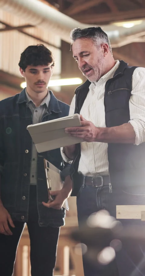 Men, tablet or discussion in workshop for carpentry, project planning or design Stock Footage 340758531