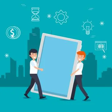 Men with tablet technology and data information Illustrazione stock