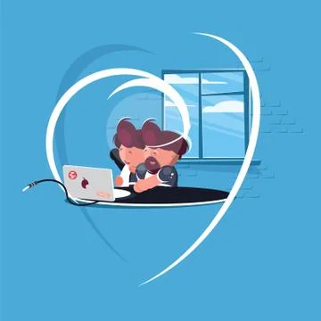 Men Talk on Video Call Through a Laptop. - Vector Stock Illustration