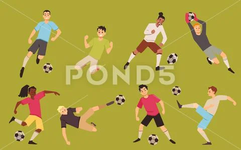 Soccer Player In Different Poses Set Professional Football Player Character  In Sports Uniform Kicking Ball Vector Illustration Stock Illustration -  Download Image Now - iStock