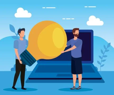 Men teamwork with bulb idea and laptop technology Stock Illustration