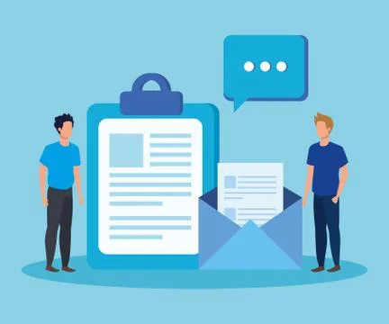 Men teamwork with document information and chat bubble Stock Illustration