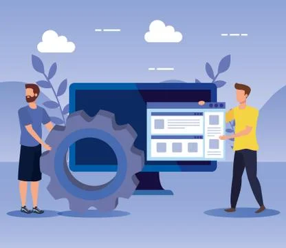 Men teamwork with gear and website with computer Stock Illustration