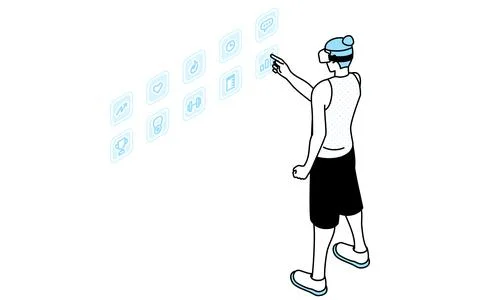Men touching the menu icon in the air, VR fitness app, wearing VR goggles Stock Illustration