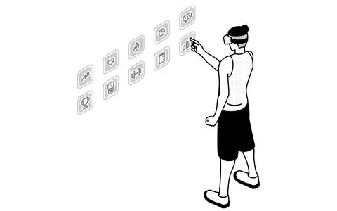 Men touching the menu icon in the air, VR fitness app, wearing VR goggles Stock Illustration