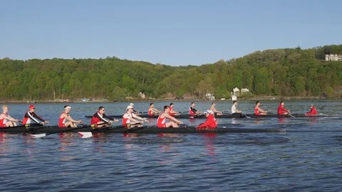 Men in two crew boats pull oars downriver Vidéo 80658258