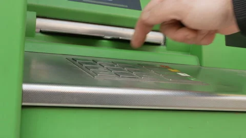 Men types his pin code and presses ok button. real ATM. covered with dust. Stock Footage 151502330