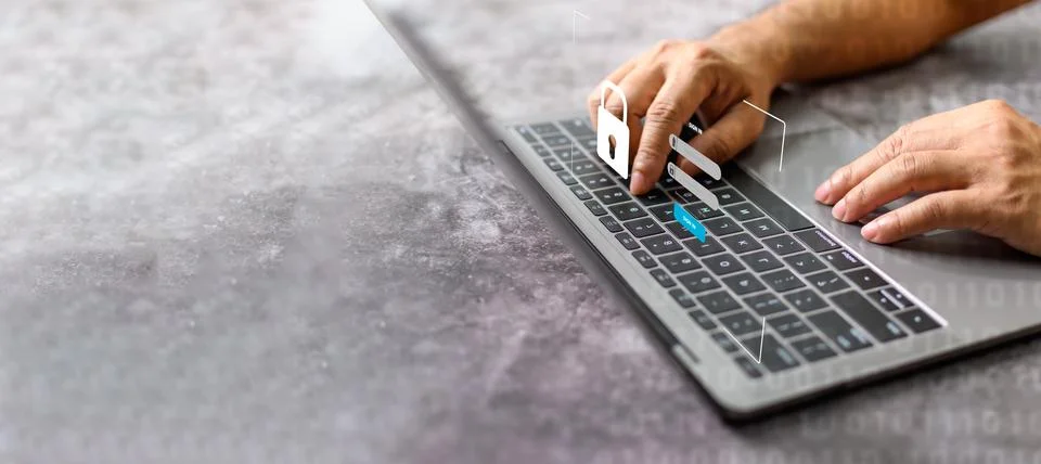 Men typing on keyboard to sign in computer network. Laptop screen showing l.. 스톡 사진
